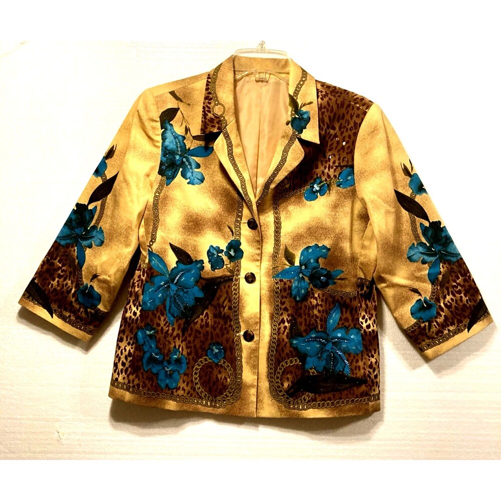 Vintage Womens Leopard Print Jacket Large Turquoise Flowers Sequins 3/4 Sleeve